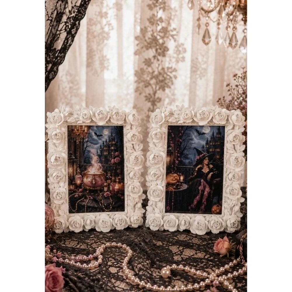 Azzure home 4x6 white roses frame with witchy pictures